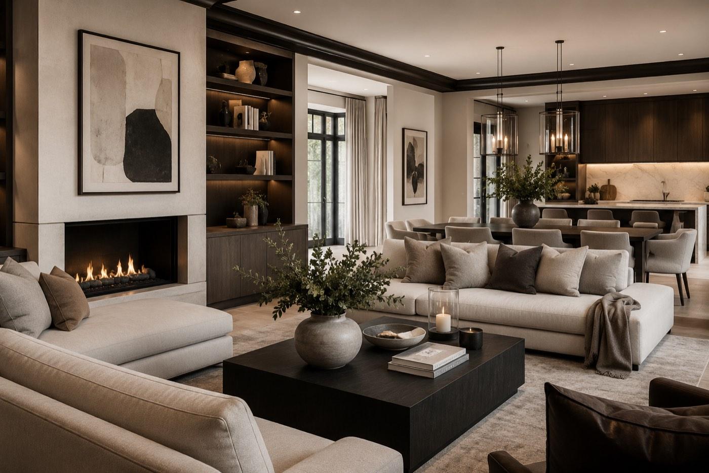 Elegant living room with sculptural furniture, warm lighting and layered natural materials